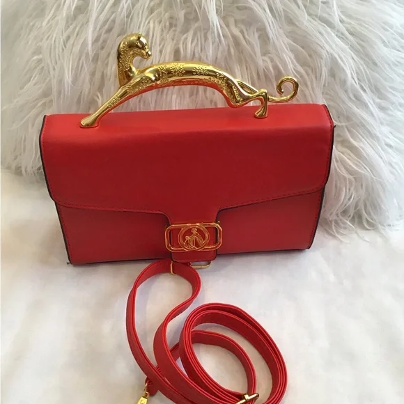 LUXURY WOMEN’S HANDBAG METAL HANDLE RED SHOULDER BAG - Picture 1 of 4